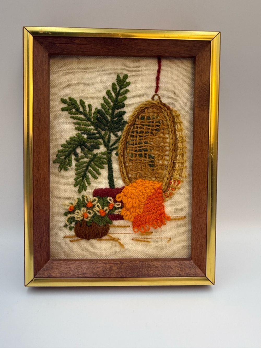Vintage Gold Framed Crewel Floral Hanging Chair with Plants and blankets
